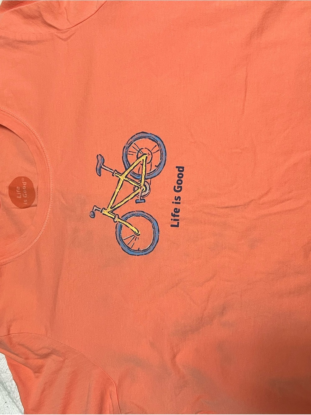 Life Is Good Coral Short-Sleeve Tee with Yellow & Blue Bike Graphic